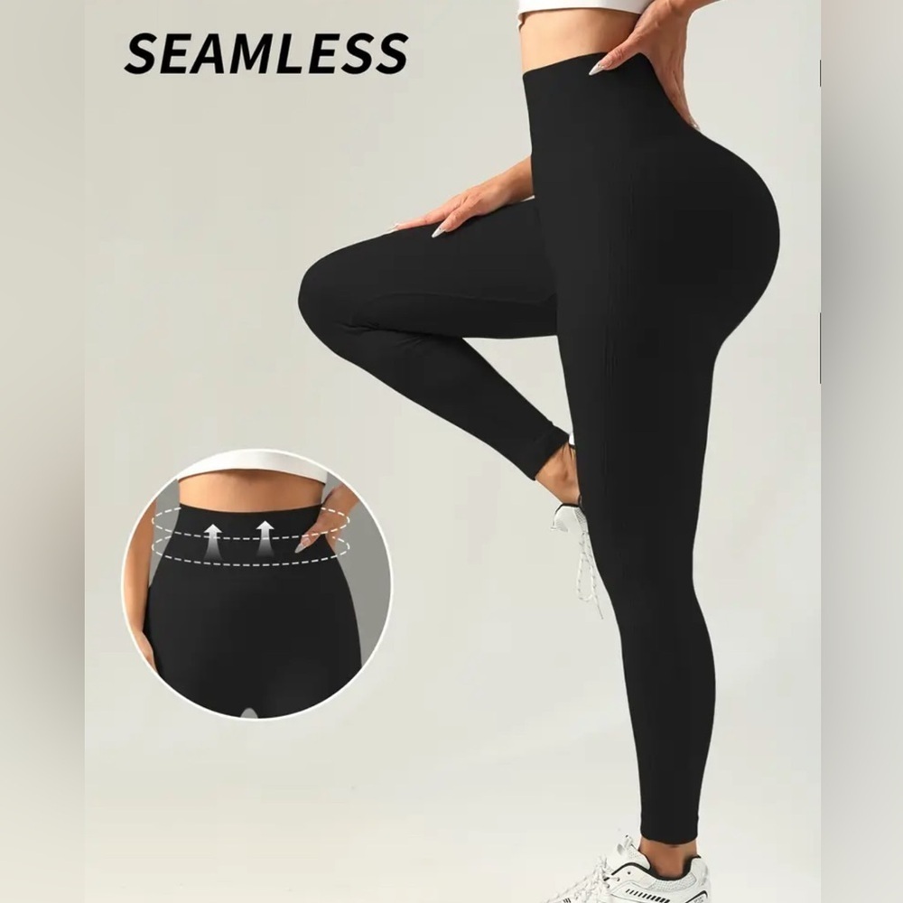 Solid black flattering leggings, high waist/ tummy control/ butt scrunch lifting